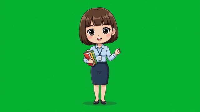 Cute cartoon character of a young female office worker or teacher holding a book and gesturing, standing on a green screen background.