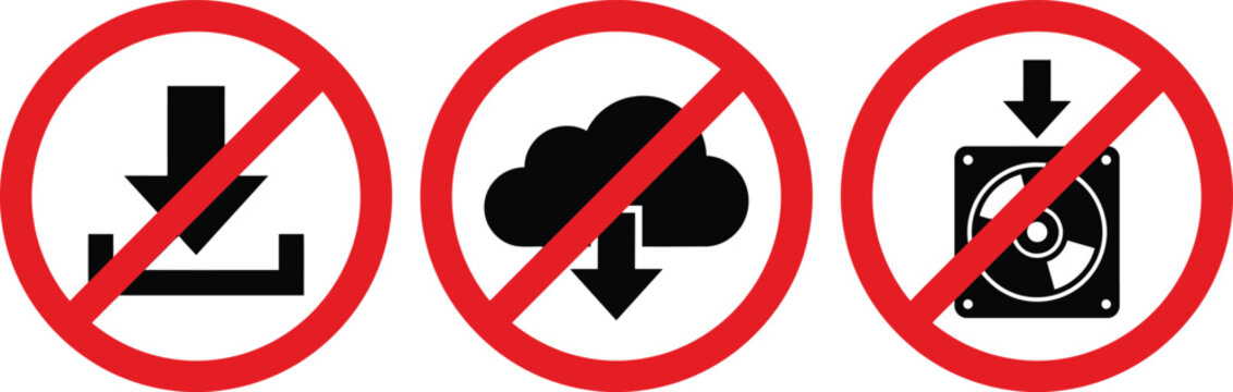 No Downloads Prohibition Icon Set, Red Data Restriction Warning Sign Vectors on White
