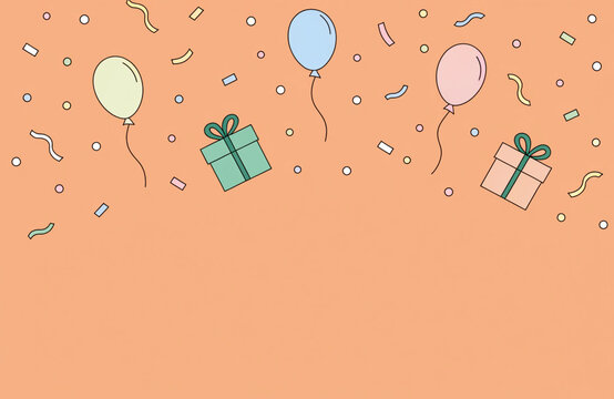 Birthday celebration party background with pastel balloons and gift boxes on coral orange