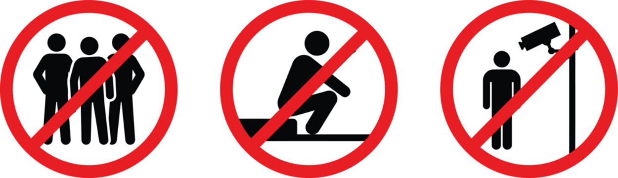 Restricted Waiting Area Prohibition Icon Set, Red Public Safety Sign Vectors on White