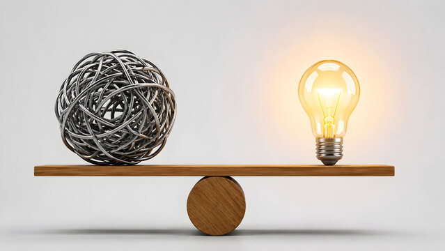 Glowing lightbulb and tangled wire ball balancing on a wooden seesaw representing problem solving and clear ideas