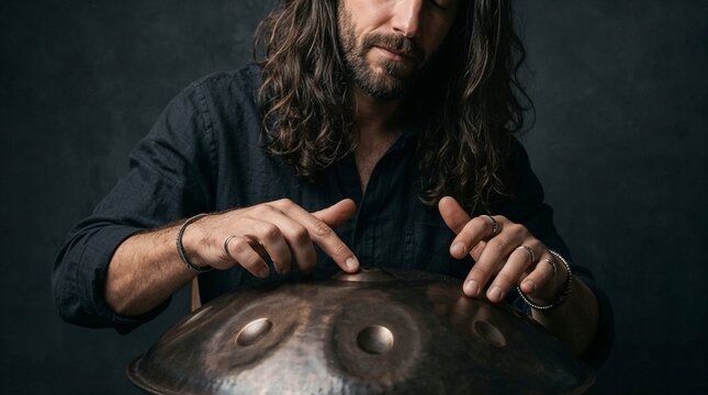 Male musician with long hair plays metal handpan drum in a professional studio. Perfect for music therapy, relaxation articles, and meditation banners.