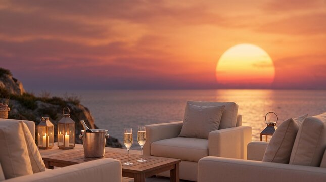Luxury seaside lounge features white armchairs, champagne bucket and ocean sunset view. Perfect for travel blogs, resort advertisements, and tourism websites.