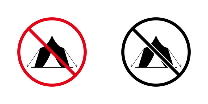 No Camping Prohibition Sign Icon Set. Forbidden Camping Warning And Restriction Symbol Collection. Stop And Ban Notice. Isolated Vector Illustration
