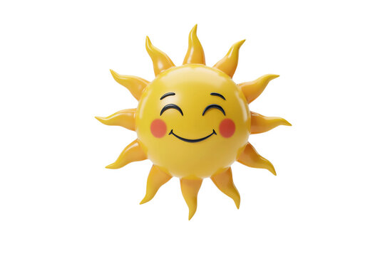 A 3 d rendered yellow sun character with a happy smiling face and rosy cheeks, featuring pointed radiant sunbeams isolated on a transparent background