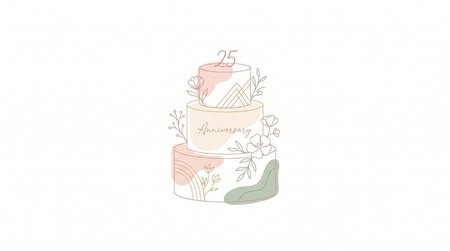 minimalist line art three tier cake with number 25 topper and flowers on white background. wedding anniversary celebration. banner, website header with copyspace.