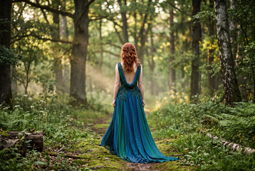 Fototapeta premium A red haired princess in a luxurious blue and green evening gown walking through a magical forest