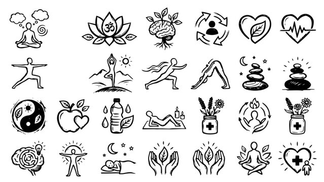 Collection of yoga and pilates studio icons representing various poses and wellness concepts in a doodle black design. Vector set.