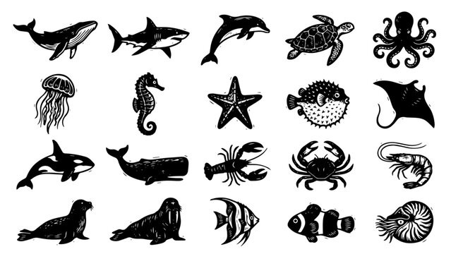 Vector icon set of marine life, sea creatures. Vector set.