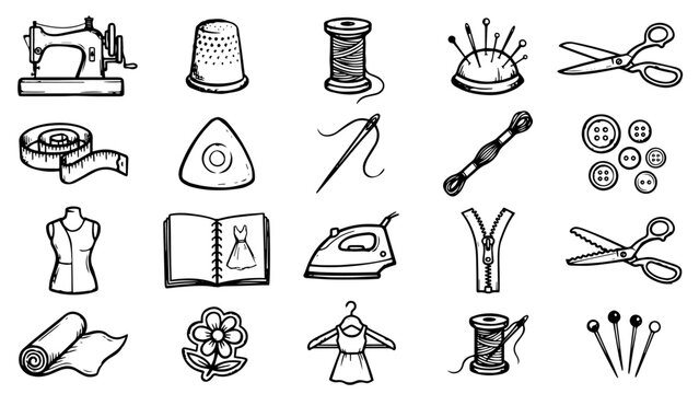 Set of sewing and tailoring icons, featuring sewing machines, scissors, and threads. Vector set.