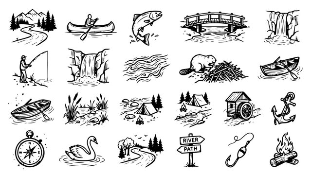 Outdoor Leisure and Nature Line Icons Set with Hiking Camping Animals Fishing and Adventure Pictograms. Vector set
