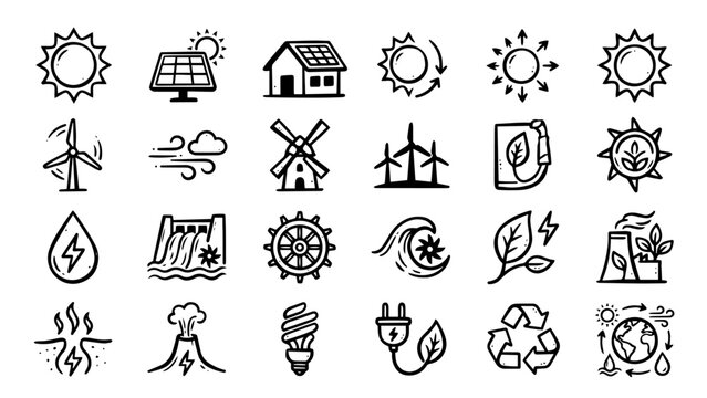 Solar panel icon set, photovoltaic systems, renewable energy, clean electricity, solar power generation, eco sustainability. Solid icons collection. Vector.