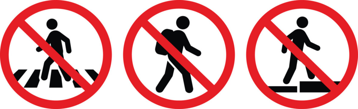 Forbidden Walking Access Icon Set, Red Pedestrian Restriction Sign Vectors on White