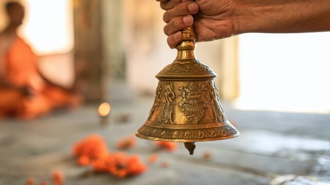 A hand holds a detailed brass bell in a softly lit spiritual setting with a blurred figure meditating in the background.