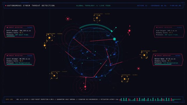 A sleek autonomous cyber threat detection command room shows AI scanning a global network for crimson attack vectors with a teal scanning arc and hexagonal threat alerts on a black interface.