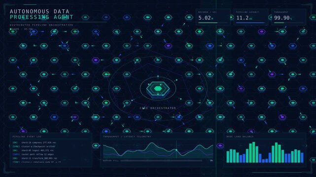 A glowing 3D isometric grid of teal data nodes pulses with binary streams in a dark deep-space background, showcasing autonomous data processing with real-time HUD analytics.