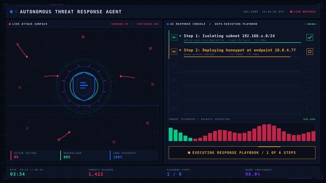 Split-view cybersecurity AI response console neutralizes incoming threats with real-time playbook steps and shield pulse. professional stock footage for technology, business, and editorial use.