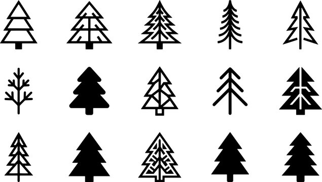Black line art christmas tree icons for seasonal winter holiday branding graphics