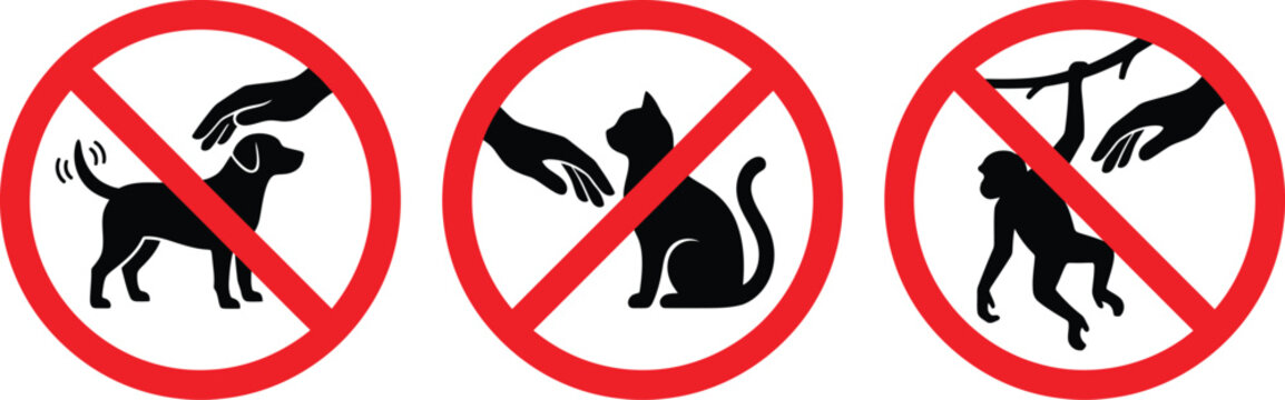 No Touching Animals Prohibition Icon Set, Red Zoo Safety Sign Vectors on White