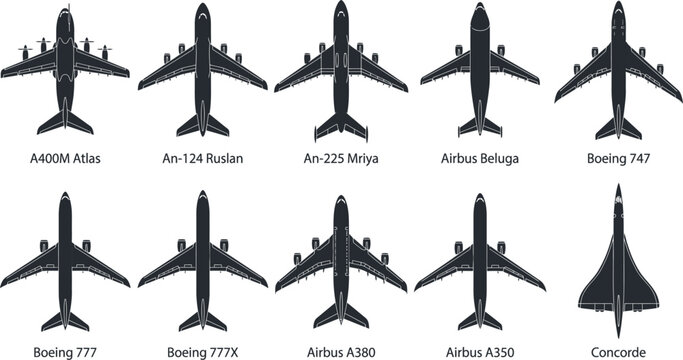 Heavy Strategic Cargo Transporter Widebody Passenger Jet and Supersonic Airliner Silhouette Vector Icon Set