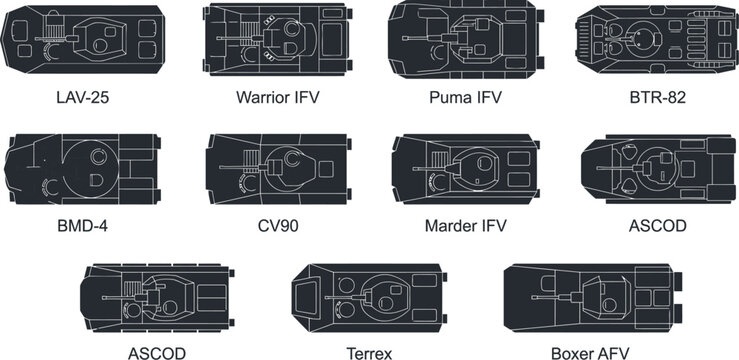 Modern Armored Infantry Fighting Vehicles and Personnel Carriers Top View Blueprint Silhouette Vector Icon Grid