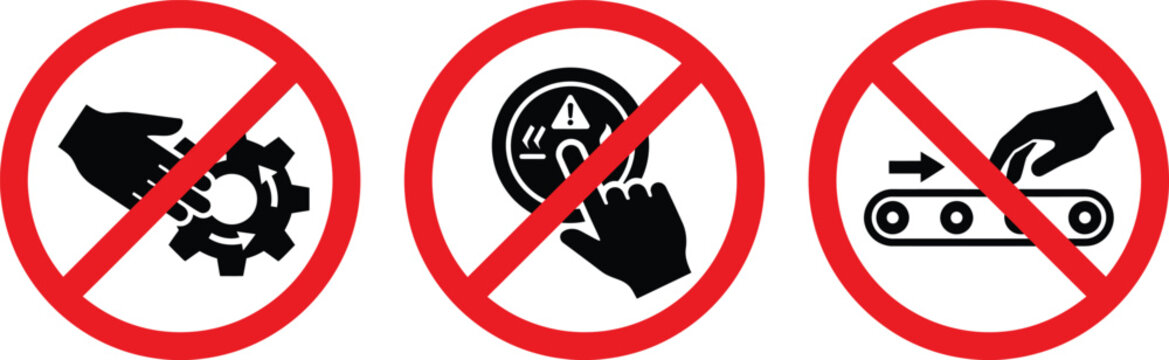 No Touching Equipment Prohibition Icon Set, Red Industrial Warning Sign Vectors on White