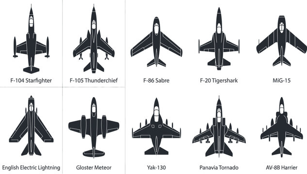 Historic Jet Age Fighter Planes Interceptors and Subsonic Strike Aircraft Top View Silhouette Vector Icon Set