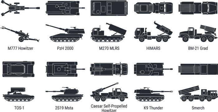 Self-Propelled Howitzers Multiple Rocket Launch Systems and Heavy Towed Artillery Silhouette Vector Icon Grid