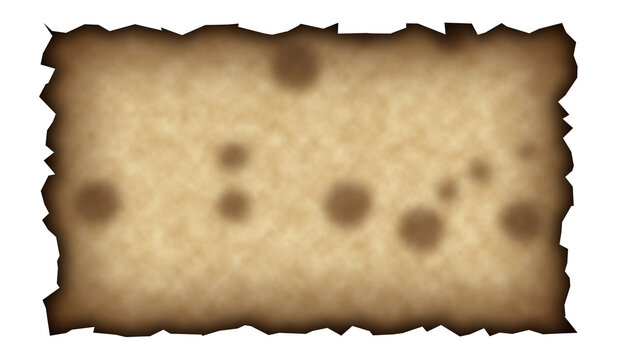 Aged parchment paper with scattered burn marks rests on transparent background texture antique distressed burns scorch spots damaged worn historic vintage sepia
