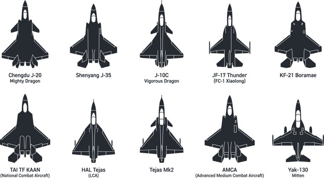 Modern 5th Generation Stealth and Light Combat Fighter Jet Aircraft Top View Silhouette Vector Icon Set