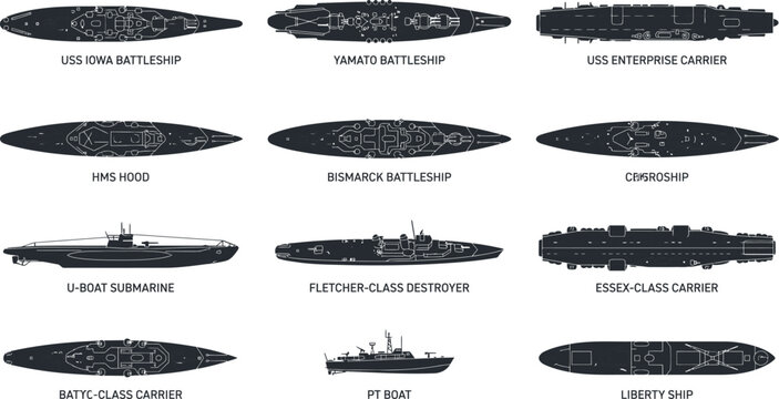 Historic and Modern Naval Aircraft Carriers Battleships Destroyers and Submarines Silhouette Vector Grid
