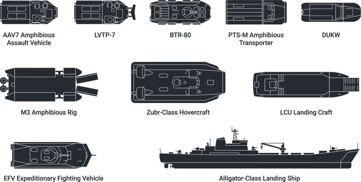 Amphibious Assault Vehicles Military Hovercraft Landing Craft and Naval Landing Ships Silhouette Vector Grid