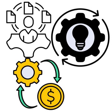 Process of Innovation and Efficiency: A schematic illustration depicts a cycle of innovation, starting with a human figure and documents.