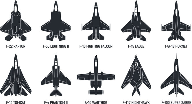 USA Air Superiority Stealth 5th Gen Fighters Carrier Strike Jets and Ground Attack Warplanes Vector Set