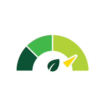 A semi-circular gauge meter with a needle pointing towards a vibrant green zone, featuring a small leaf icon at the center. Representative of high ESG scores and carbon neutrality. Colors: dark