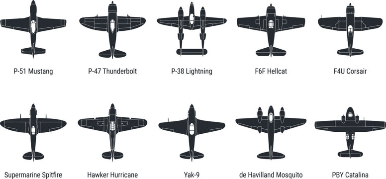 Historic World War II Single and Twin-Engine Fighter Interceptor Warbirds and Flying Boats Vector Grid Set