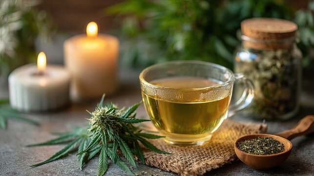 Cannabis herbal tea in glass cup with green leaves and burning candles. Alternative medicine concept perfect for holistic wellness clinic advertising or organic cbd product store web banner