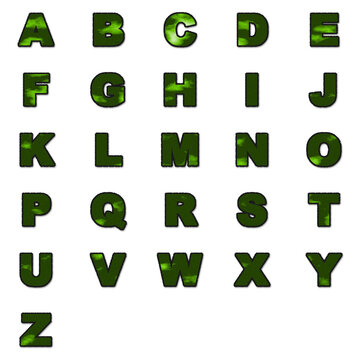 A complete set of green alphabet letters arranged in grid formation on transparent background characters typography font lime acid symbols uppercase arrangement