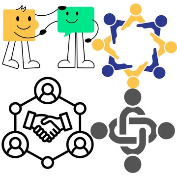 Teamwork and Collaboration Icons: A collection of simple, graphic icons representing teamwork, partnership, and successful communication.