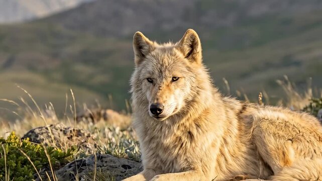 Light colored wolf resting on a grassy hill with distant mountains
