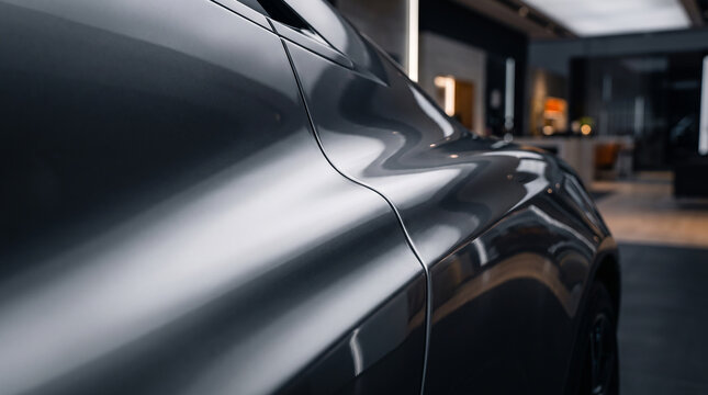 Close Up of Luxury Black Car Body With Glossy Reflections and Modern Design