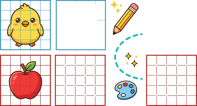 Cute Grid Drawing Worksheet for Kids with Chick and Apple Templates, Pencil, Paint Palette, Coloring and Creative Art Activity