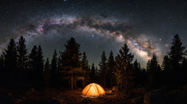 glowing camping tent in pine forest under starry night sky with milky way galaxy. wilderness adventure, outdoor recreation, nature exploration. banner, website header, background with copyspace.