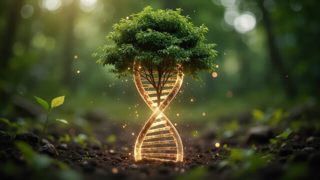 Glowing dna helix growing into a lush tree
