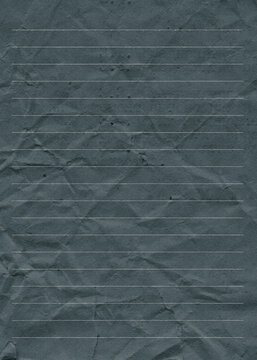 Black lined crumpled paper page background. Old antique notebook sheet paper texture. Vintage paper background.	