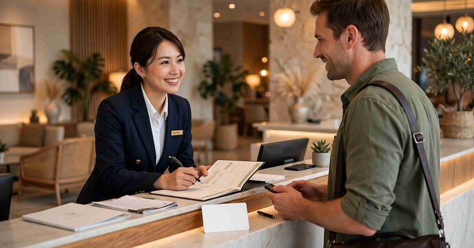 Hotel Receptionist Lena Assisting Smiling Guest During Check In