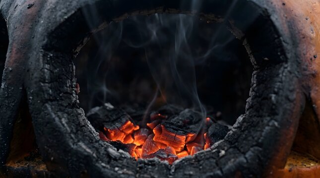 Close up view of burning embers and smoke inside a carved Halloween pumpkin with glowing hot charcoal coals