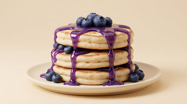 A stack of delicious fluffy pancakes topped with fresh blueberries and sweet purple syrup.