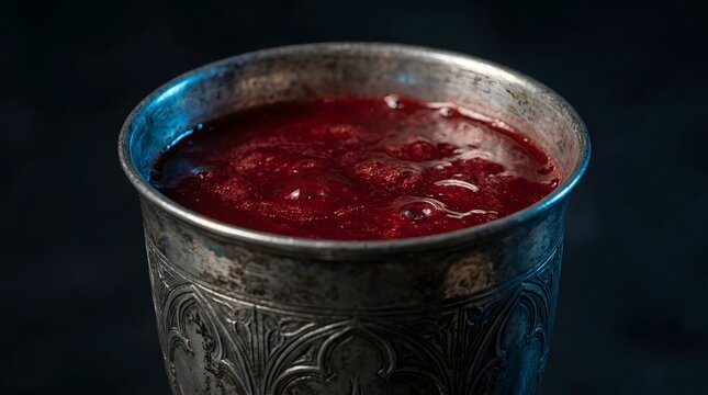 An ancient, ornate silver chalice brimming with a mysterious, dark crimson liquid, perfect for an eerie halloween night feast or spellbinding gothic celebration