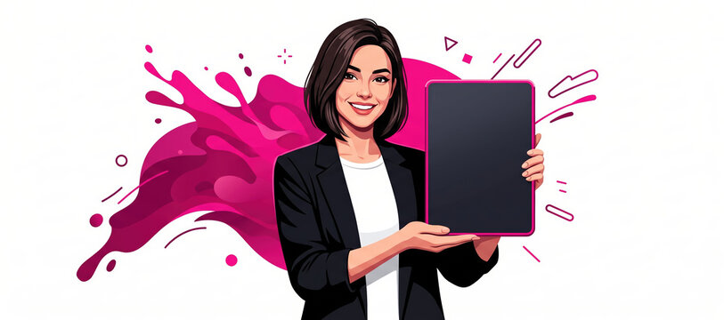 Smiling businesswoman presenting blank digital tablet against vibrant abstract background
